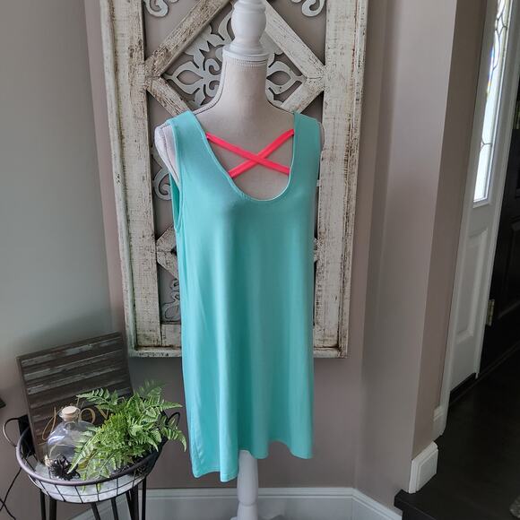 Lollipop Star Women's Sleeveless Tunic Top or Swimsuit Coverup in Aqua Hot Pink - Picture 1 of 12